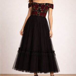 Adrianna Papell Off-Shoulder Black Tulle Dress with Red Rose sequins party dress